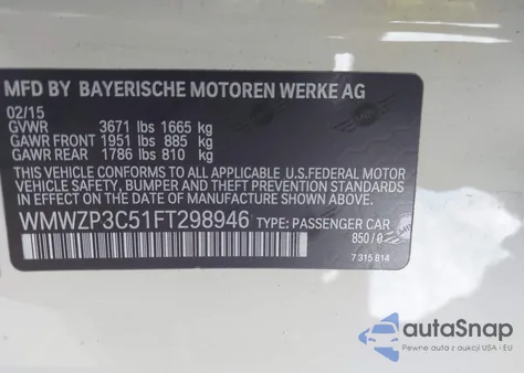 2015 Mini Convertible Cooper S z USA, uszkodzony, nr VIN WMWZP3C51FT298946